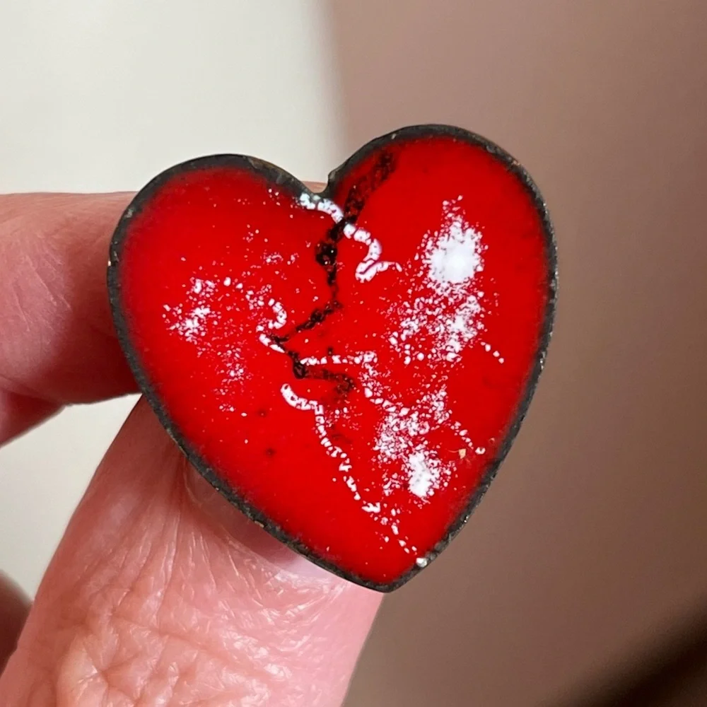 Vintage 1960 70 MCM modernist  Red Enamel Broken Heart copper Goth Brooch Pin